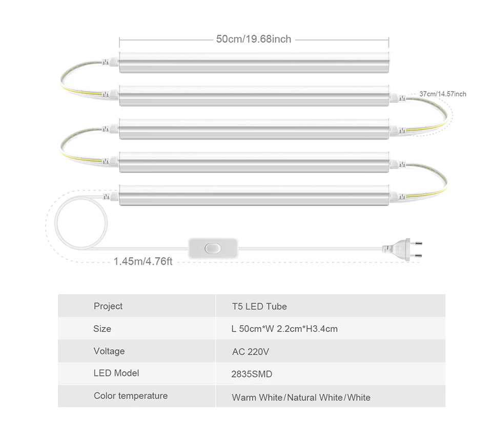 T5 LED Lights 50 cm with light switch included